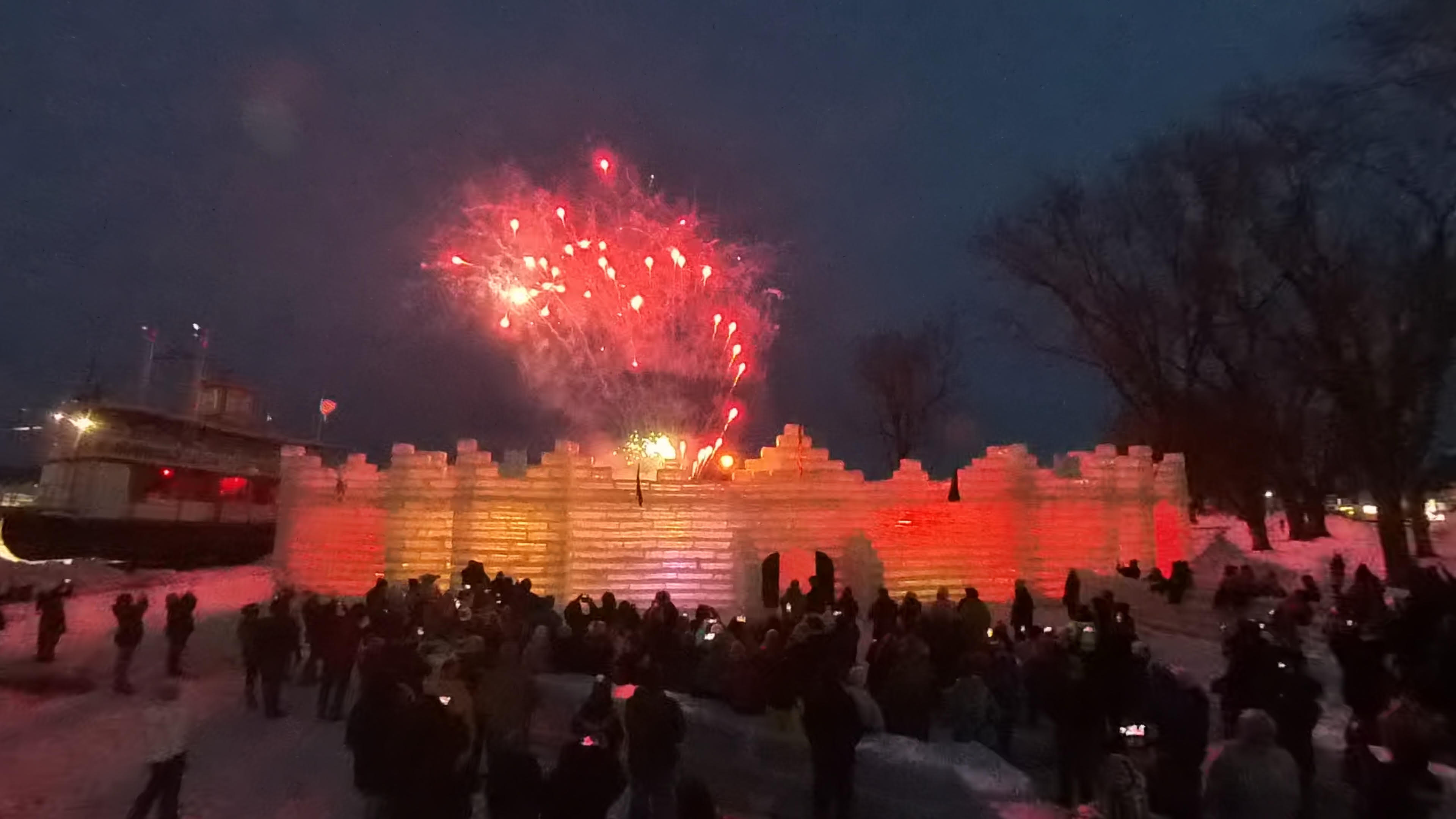 2026 Ice Castle in Mayville, New York with fireworks at the opening ceremony